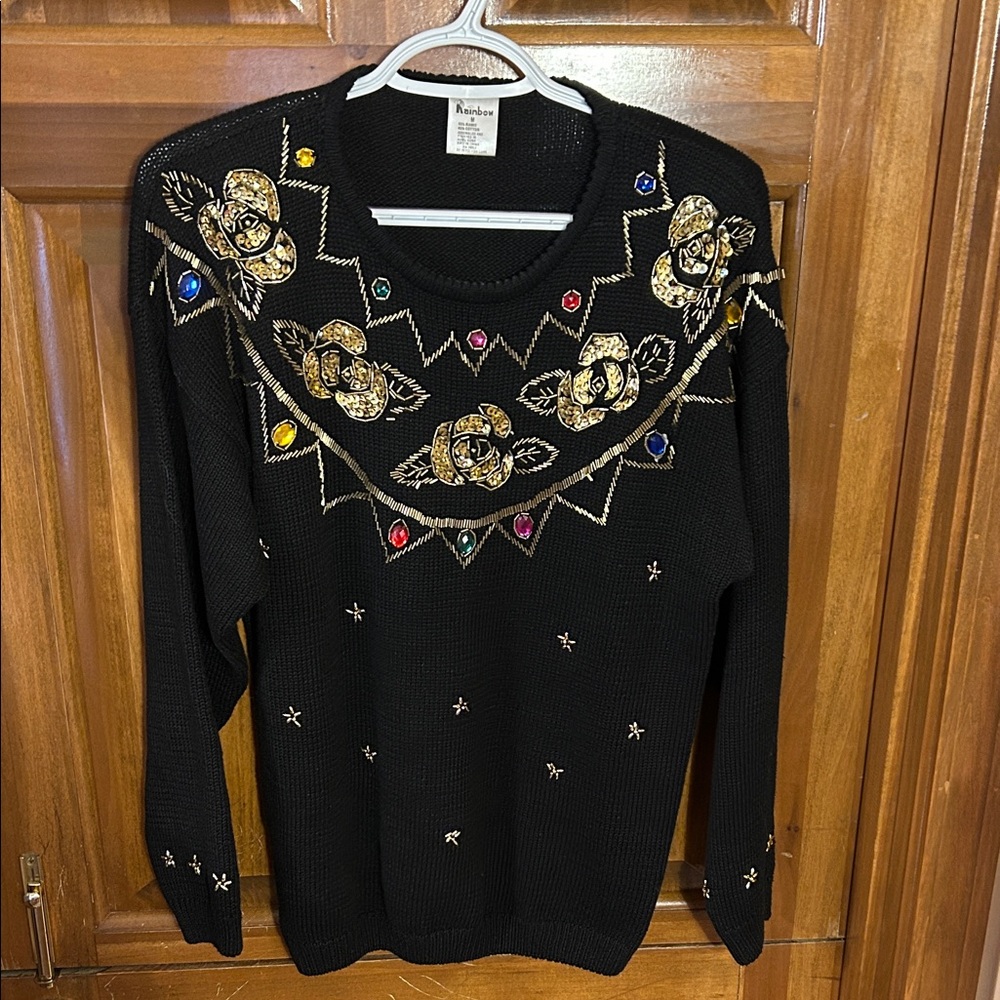 Rainbow Black Sweater with Gold and Jewel Accents